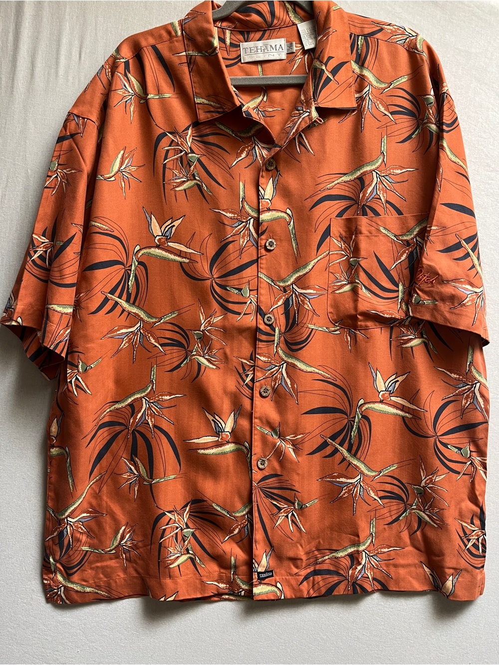 Tehama Men's 100% Silk Short Sleeve Button Up Tan Stripe Shirt Size XL
